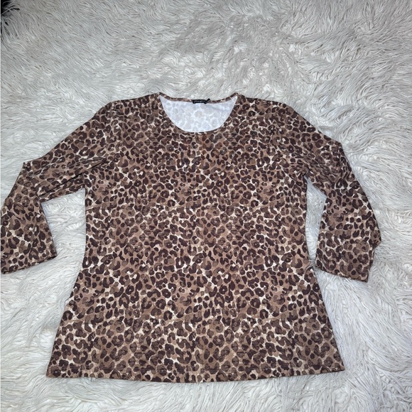 J.McLaughlin Micro Watercolor Cheetah Print Knit Jersey Crew Blouse Size Large - Picture 2 of 9